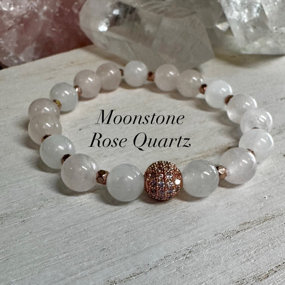Rainbow Moonstone & Rose Quartz Gemstone Stretch Bracelet 8mm
